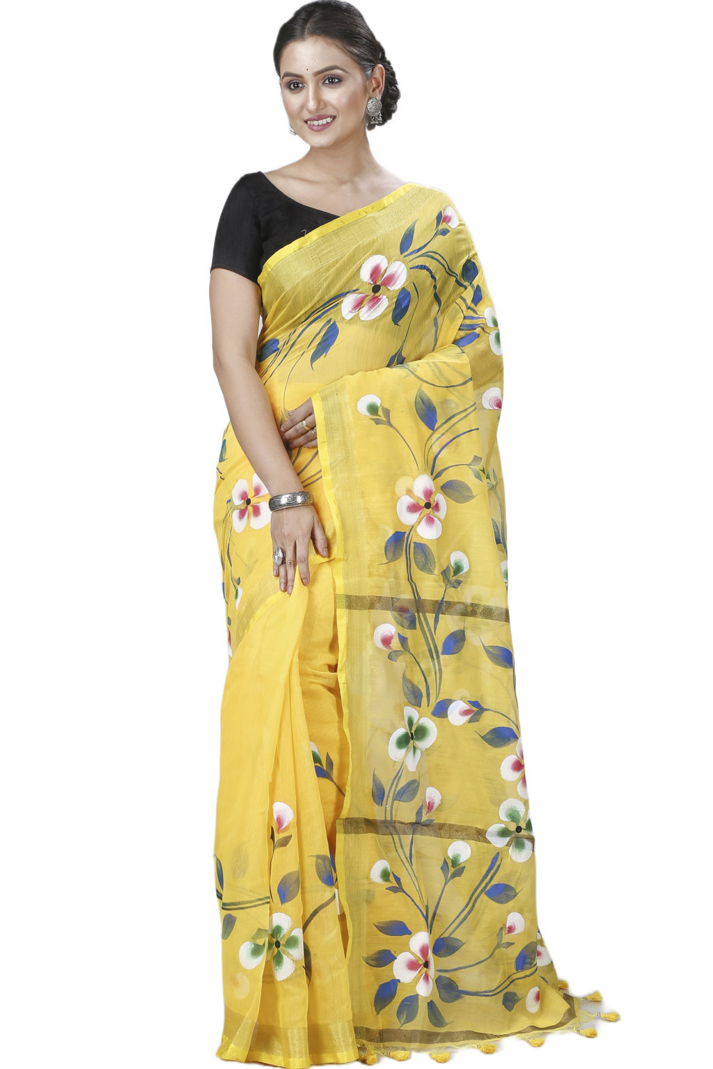 Yellow Blended Cotton Tonika Hand Painted Saree (1219)